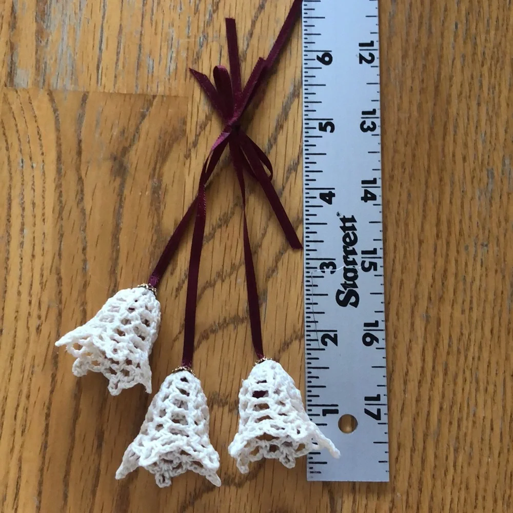 Set of 4 crocheted Christmas ornaments- Angel, tree, bells,drummer